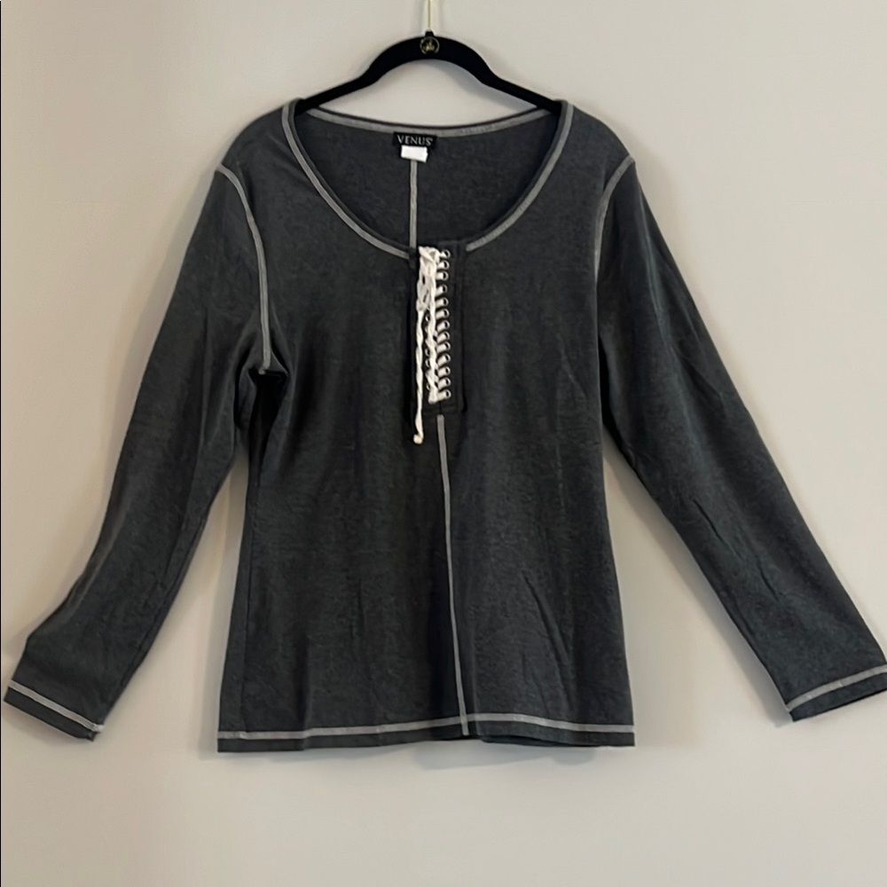 VENUS Dark Gray Lace-Up Women's Top Size L